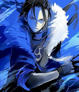 1boy armor black_hair cape closed_mouth felix_hugo_fraldarius felix_hugo_fraldarius_(timeskip) fire_emblem fire_emblem:_three_houses fur-trimmed_cape fur_trim gloves highres male_focus mortal_savant_(fire_emblem:_three_houses) multiple_swords nintendo red_eyes sheath sheathed short_hair sword sword_on_back upper_body weapon weapon_on_back zat_296