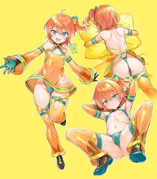 1girl ahoge aqua_eyes arms_behind_head ass bare_shoulders belt blush boots breasts cat_hair_ornament commentary_request cropped_legs detached_sleeves dohna_dohna_issho_ni_warui_koto_o_shiyou dress e_(eokiba) earrings fang full_body gloves green_gloves green_panties groin hair_ornament highleg highleg_panties highres hugging_object jewelry looking_at_viewer lying multiple_views navel on_stomach one_side_up open_mouth orange_dress orange_hair orange_sleeves orange_thighhighs panties pillow pillow_hug revealing_clothes see-through_clothes see-through_dress see-through_legwear short_hair small_breasts smile spread_legs standing standing_on_one_leg stud_earrings takemi_kanono thigh_belt thigh_strap thighhighs underwear wide_sleeves yellow_background
