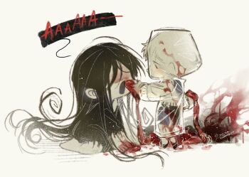 Rule 34 | adashino adami, black hair, black kimono, blood, blood on clothes, blood on face, blood on hands, cannibalism, chibi, commentary, english commentary, english text, feeding, homicipher, hood, hood up, intestines, japanese clothes, kimono, long hair, mr. crawling, raincoat, school uniform, see-through clothes, see-through raincoat, serafuku, simple background, skirt, sweeeet him, very long hair, yellow background