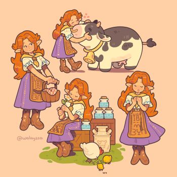 1girl absurdres baby_animal basket bell bird boots bottle breasts brown_background brown_footwear brown_hair chick chicken closed_eyes cow crate face_piercing flower full_body highres holding holding_basket holding_flower long_hair long_skirt malon medium_breasts milk_bottle multiple_views neck_bell neckerchief nintendo nose_piercing nose_ring open_mouth own_hands_together parted_bangs piercing pointy_ears purple_skirt shirt short_sleeves sidelocks sitting skirt smile standing the_legend_of_zelda the_legend_of_zelda:_ocarina_of_time twitter_username udder walayssa white_flower white_shirt yellow_neckerchief