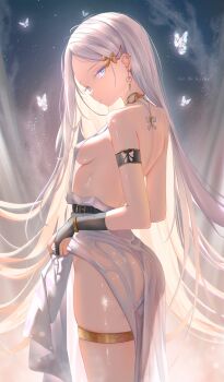 1girl armlet ass back backless_dress backless_outfit bare_back bare_shoulders black_gloves blue_eyes breasts bug butterfly commentary dress earrings english_commentary from_behind gloves hair_ornament hairclip highres insect jewelry kayjae long_hair looking_at_viewer looking_back mole mole_under_eye original partially_fingerless_gloves see-through_clothes see-through_dress shiny_skin shoulder_blades sideboob small_breasts solo standing thigh_strap very_long_hair white_dress white_hair