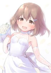 Rule 34 | 1girl, bouquet, breasts, bridal gauntlets, brown eyes, brown hair, collarbone, dress, flower, hair ornament, hairclip, ikazuchi (kancolle), kantai collection, rose, short hair, simple background, small breasts, smile, solo, wamu (chartreuse), wedding dress, white flower, white rose
