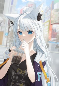 1girl absurdres ahoge animal_ear_fluff animal_ear_piercing animal_ears bangom_r billboard black_shirt blue_eyes blush breasts building closed_mouth cloud collarbone commentary_request crosswalk cup day disposable_cup drink drinking drinking_straw earrings extra_ears fox_ears fox_girl from_side highres holding holding_drink hololive jacket jacket_on_shoulders jewelry light_particles long_hair looking_at_viewer loungewear medium_breasts notice_lines outdoors road_sign scenery shirakami_fubuki shirakami_fubuki_(loungewear) shirt sign single_earring sky solo sparkle standing t-shirt tree upper_body urban v virtual_youtuber white_hair white_hood