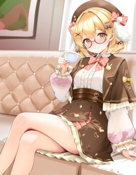 1girl akai_watame animal_print animare beret blush bow bowtie brown_bow brown_capelet brown_overskirt brown_skirt capelet collared_shirt couch cup curtains feet_out_of_frame floppy_ears frilled_capelet frilled_skirt frills hair_bow hair_ribbon hand_up hat heart high-waist_skirt highres holding holding_cup inaba_haneru_(animare) indoors knees lapels layered_skirt long_sleeves looking_at_viewer nanashi_inc. on_couch orange_eyes painting_(object) picture_frame puffy_long_sleeves puffy_sleeves rabbit_print red_bow red_bowtie ribbon semi-rimless_eyewear shirt short_hair sitting skirt smile solo virtual_youtuber white_shirt
