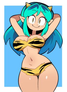 animal_print arms_behind_head bikini blue_background blush commentary english_commentary fangs green_hair highres horns long_hair lum navel panties pointy_ears scott_falco sharp_teeth simple_background smile swimsuit teeth thighs tiger_print underwear urusei_yatsura yellow_eyes