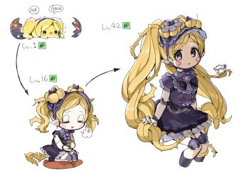 1girl :o puff_of_air blonde_hair blush blush_stickers bonnet chibi cropped_legs cup doll_joints dot_nose dress egg emily_stewart evolution highres idolmaster idolmaster_million_live! joints kneeling long_hair looking_at_viewer no_nose pillow pointy_ears prehensile_hair purple_dress sigh sitting spawnfoxy tail teacup thorns twintails very_long_hair white_background