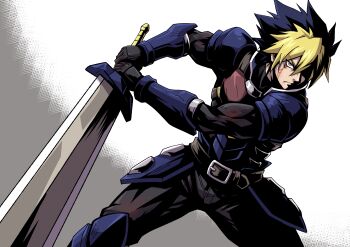 Rule 34 | 1boy, absurdres, armor, belt, black gloves, blonde hair, bracer, commentary request, cuts, fighting stance, garchomp, gen 4 pokemon, gloves, highres, holding, holding sword, holding weapon, injury, male focus, multicolored hair, nintendo, personification, pokemon, solo, spiked hair, sword, two-tone hair, weapon, yokomiya4538