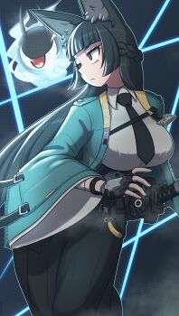 1girl absurdres animal_ears black_hair black_skirt breasts commentary commission english_commentary fox_ears green_jacket highres holding holding_sheath holding_sword holding_weapon hoshimi_miyabi jacket large_breasts little_j long_hair red_eyes sheath shirt skirt solo sword weapon white_shirt zenless_zone_zero