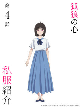 Rule 34 | 1girl, antenna hair, blue bow, blue bowtie, blue shoes, blue skirt, bow, bowtie, brown hair, collar, collared shirt, commentary request, frilled shirt, frilled sleeves, frills, full body, highres, numbered, official art, osanai yuki, pink eyes, second-party source, shirt, shoes, short hair, short sleeves, shoushimin series, simple background, skirt, solo, standing, white background