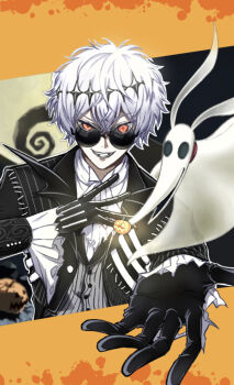 2boys absurdres black_crown crown diamond_hairband formal_clothes highres imada_6800 jacket long_sleeves looking_at_viewer male_focus multiple_boys pinstripe_pattern pinstripe_suit pinstripe_vest round_eyewear short_hair skeleton_print skully_j._graves smile striped_clothes striped_vest suit sunglasses the_nightmare_before_christmas twisted_wonderland vertical-striped_clothes vertical-striped_vest vest white_hair zero_(nbc)