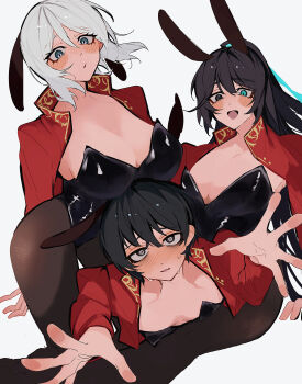 Rule 34 | 1girl, 2boys, :d, @ @, absurdres, alternate costume, animal ears, black eyes, black hair, black leotard, black pantyhose, blue eyes, blush, breasts, cleavage, crossdressing, crossdressing (mtf), faust (project moon), full-face blush, gold trim, heterochromia, high ponytail, highres, hong lu (project moon), jacket, large breasts, leotard, limbus company, liu association south uniform, long hair, long sleeves, looking at another, looking at viewer, male playboy bunny, multiple boys, nakame77, open mouth, pantyhose, ponytail, project moon, rabbit ears, red jacket, short hair, simple background, smile, strapless, strapless leotard, sweatdrop, upper body, white background, white hair, yi sang (project moon)