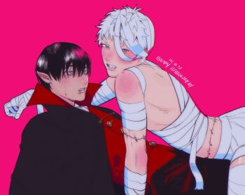 2boys alternate_costume bandages black_hair blood blood_from_mouth blush boy_on_top commentary dated elbow_blush english_commentary from_side grey_eyes happy_halloween highres hikaru_ga_shinda_natsu indou_hikaru k1tr_jun looking_at_another looking_at_viewer male_focus mole mole_on_neck mole_under_eye multiple_boys multiple_moles naked_bandage pink_background red_pupils short_eyebrows short_hair shoulder_blush simple_background slit_pupils stapled sweat tsujinaka_yoshiki vampire_costume white_hair yaoi