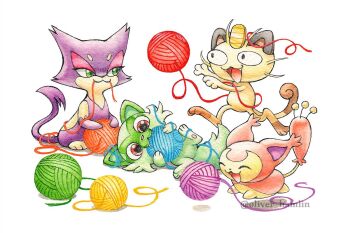 Rule 34 | :3, cat, closed eyes, coin, gen 1 pokemon, gen 3 pokemon, gen 5 pokemon, gold coin, green eyes, green fur, meowth, nintendo, no humans, oliver hamlin, open mouth, pokemon, pokemon (creature), purple fur, purrloin, red eyes, skitty, smile, sprigatito, yarn, yarn ball