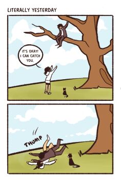 1boy 1girl amamiya_ren animal animal_collar animal_ears arms_up atlus autumn bike_shorts black_cat black_hair blue_sky boy_on_top branch cat cat_ears cat_tail catching climbing climbing_tree cloud collar comic crash english_text facing_another falling flashback full_body grass hand_up hands_up high_ponytail hill hood hoodie in_tree jacket jumping long_hair long_sleeves looking_at_another looking_down looking_up lying morgana_(cat)_(persona_5) morgana_(persona_5) on_back on_ground on_person on_stomach open_clothes open_jacket outdoors pants persona persona_5 ponytail reaching reaching_towards_viewer school_uniform shoes short_hair shorts sitting sitting_in_tree sky speech_bubble standing suzui_shiho tail talking thighs tree white_hoodie white_jacket yasogami_school_uniform yellow_collar yyormgen