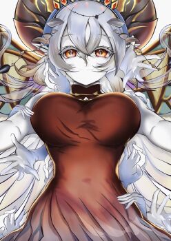 Rule 34 | 1girl, blazing cartesia the virtuous, dress, duel monster, ecclesia (yu-gi-oh!), extra hands, from below, highres, looking at viewer, md yoru, pale skin, red dress, red eyes, sleeveless, sleeveless dress, solo, torso, white hair, yu-gi-oh!