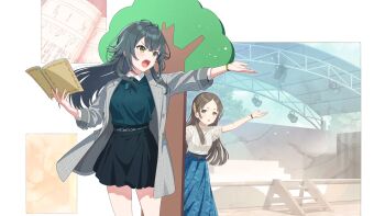 2girls belt book bracelet brown_eyes brown_hair buttons coat floral_print gakuen_idolmaster game_cg green_eyes green_hair green_shirt holding idolmaster jewelry kuramoto_china long_skirt multiple_girls official_art open_book open_mouth shirt skirt stage_lights stairs tree tsukimura_temari