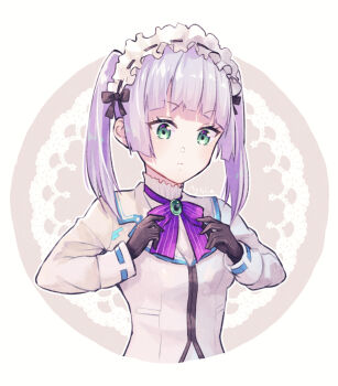 1girl bow bowtie commentary_request gloves green_eyes heaven_burns_red maid_headdress oage_(o_ag_e4) purple_bow purple_bowtie school_uniform short_hair sugawara_chie tagme twintails