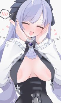 1girl areola_slip blush breast_curtains breasts closed_eyes commentary covered_erect_nipples dress frilled_hairband frills hairband highres hone_kawa large_breasts long_hair long_sleeves mole mole_under_eye open_mouth pointy_ears purple_hair revision smile solo variant_set vivian_banshee zenless_zone_zero