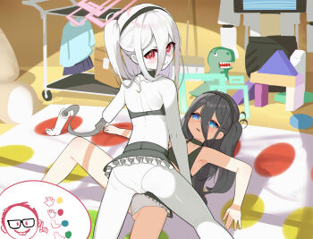 2girls absurdres aris_(blue_archive) ass bare_arms bare_legs bare_shoulders bikini black_bikini black_choker black_hair black_hairband blue_archive blue_eyes blush cameltoe chinese_commentary choker collarbone colored_skin commentary_request doodle_sensei_(blue_archive) frilled_bikini frills grin hairband halo highres indoors kei_(blue_archive) kei_(new_body)_(blue_archive) loli long_hair looking_at_viewer lying marshal_(artist) mechabare multiple_girls naughty_face nerd_emoji on_back one_side_up paid_reward_available red_eyes robot_girl sensei_(blue_archive) smile spread_legs straddling stuffed_animal stuffed_dinosaur stuffed_toy swimsuit teddy_bear teeth twister very_long_hair white_hair white_skin