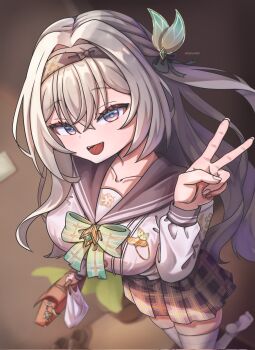 Rule 34 | 1girl, bag, black hairband, black ribbon, bow, bowtie, brown bag, firefly (honkai: star rail), firefly (spring missive) (honkai: star rail), gradient eyes, green bow, green bowtie, green pupils, grey hair, grey sailor collar, grey skirt, hair between eyes, hair intakes, hair ornament, hair ribbon, hairband, highres, holding, holding bag, honkai: star rail, honkai (series), long hair, multicolored eyes, no shoes, open mouth, plaid bow, plaid bowtie, plaid clothes, pleated skirt, ribbon, sailor collar, sekaaricc, skirt, smile, solo, thighhighs, v, white thighhighs