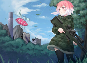 1girl ai_arctic_warfare black_thighhighs bolt_action camouflage countdown_timer female_focus gun holding holding_gun holding_weapon looking_away multicolored_hair nyifu original outdoors parted_lips pink_eyes pink_hair rifle scope short_hair sniper_rifle solo standing thighhighs timer tree two-tone_hair weapon white_hair