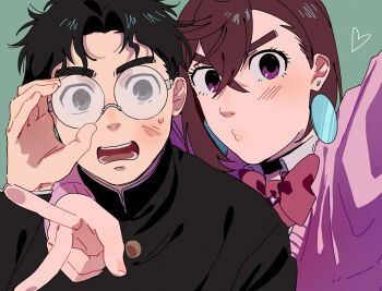 1boy 1girl adjusting_eyewear arm_around_neck ayase_momo black_choker black_hair black_jacket blush bow bowtie brown_eyes brown_hair choker closed_mouth collared_shirt commentary_request crossed_bangs dandadan earrings floating_earrings gakuran glasses green_background hair_behind_ear hair_between_eyes heart highres jacket jewelry kami_high_school_uniform long_sleeves looking_at_viewer nasubi_(user_agpx4547) open_mouth pink_sweater puckered_lips red_bow red_bowtie round_eyewear school_uniform shirt shirt_under_sweater short_hair sweatdrop sweater takakura_ken_(dandadan) thick_eyebrows upper_body v white_shirt