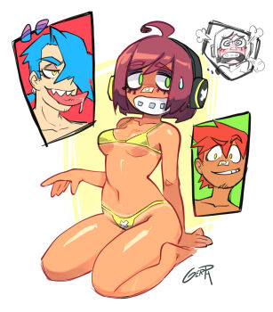 beard bikini blue_hair braces breasts brown_hair carly_(gerph) dumfer embarrassed facial_hair female_to_male flat_chest genderbent genderswap gerph headphones imminent_penetration male_to_female nervous orange_hair original sharp_teeth skarpne skarpworld small_breasts smile sweat sweatdrop swimsuit tan teeth tongue tongue_out yellow_bikini
