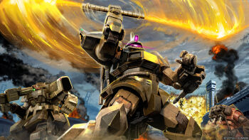 battle bazooka_(gundam) beam_cannon beam_naginata burning cable cloud cloudy_sky company_name copyright_notice damaged debris dirty dom_(mobile_suit) dom_tropen explosion fake_screenshot fire gelgoog glowing glowing_eye green_eyes gundam gundam_battle_operation_2 gundam_unicorn highres holding holding_weapon machinery mecha mecha_focus mobile_suit neo_zeon no_humans official_art one-eyed painting_(medium) pink_eyes realistic robot scan science_fiction sky smoke sunrise_(company) tenjin_hidetaka traditional_media weapon zogok