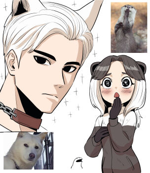 1boy 1girl :o animal_ears artist_self-insert black_eyes blush brown_hair closed_mouth collar creature_and_personification dog dog_boy dog_ears gegegekman highres long_sleeves multicolored_hair open_mouth original otter otter_ears otter_girl parted_bangs personification photo_inset reference_inset sparkle sparkling_eyes two-tone_hair white_background white_hair