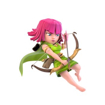 1girl 3d absurdres archer_(clash_of_clans) barefoot belt_pouch blue_eyes bow_(weapon) cape clash_of_clans dress green_cape green_dress highres holding holding_bow_(weapon) holding_weapon non-web_source official_art pink_hair pouch quiver simple_background solo transparent_background weapon