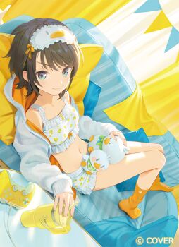 1girl black_hair blanco026 blue_eyes breasts closed_mouth controller copyright_name couch crop_top frilled_shorts frills full_body game_controller hololive indoors jacket knees_up looking_at_viewer lying mask mask_on_head midriff navel no_shoes official_art on_back on_couch oozora_subaru orange_socks short_hair short_shorts shorts sleep_mask small_breasts smile socks solo subatomo_(big) subatomo_(small) swept_bangs virtual_youtuber white_jacket white_shorts