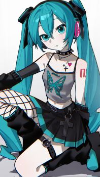 Rule 34 | 1girl, aqua eyes, aqua hair, aqua trim, arm on knee, artist name, belt, black leg warmers, black skirt, black sleeves, blush, breasts, choker, chromatic aberration, cleavage, cross tattoo, detached sleeves, double-parted bangs, hair between eyes, hair ribbon, hatsune miku, headphones, heart, heart tattoo, highres, jewelry, leg warmers, looking at viewer, midriff peek, myuga66666, necklace, number tattoo, on one knee, pleated skirt, ribbon, skirt, small breasts, solo, spiked choker, spikes, tattoo, thigh strap, twintails, vocaloid