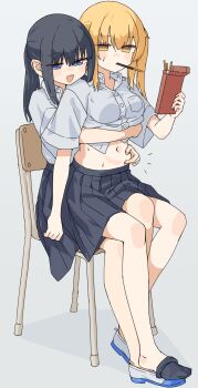 2girls absurdres black_hair black_skirt black_socks blonde_hair blue_eyes blush clothes_lift collared_shirt commentary_request food highres holding holding_food holding_pocky hug hug_from_behind kopaka_(karda_nui) multiple_girls navel open_mouth original pinching_belly pleated_skirt pocky school_uniform shirt shirt_lift short_sleeves side_ponytail sitting sitting_on_lap sitting_on_person skirt socks white_shirt yellow_eyes yuri
