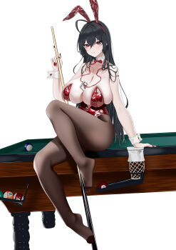 1girl absurdres animal_ear_hairband animal_ears azur_lane ball bare_shoulders billiard_ball black_hair bow bowtie breasts cleavage collarbone commentary cue_stick fake_animal_ears full_body hairband highres holding_cue_stick huge_breasts leotard long_hair looking_at_viewer nail_polish official_alternate_costume on_table playboy_bunny pool_table rabbit_ear_hairband rabbit_ears red_bow red_bowtie red_eyes red_leotard red_nails ru_keng_qi_keng simple_background sitting solo strapless strapless_leotard table taihou_(azur_lane) taihou_(fun_on_the_baize)_(azur_lane) undersized_breast_cup white_background white_wrist_cuffs wrist_cuffs