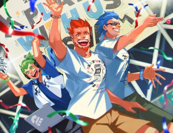 2bro. 3boys anija_(2bro.) arm_up blue_hair brown_shorts candy commentary_request computer confetti cowboy_shot facial_hair food goatee green_eyes green_hair headset highres holding holding_candy holding_food holding_lollipop laptop lollipop male_focus multiple_boys open_mouth orange_eyes orange_hair otoja_(2bro.) otsuichi_(2bro.) saida_(ohda_ooda) shirt short_hair shorts sunglasses white_shirt