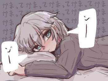 1girl :t anastasia_(idolmaster) bed_sheet blue_eyes brown_sweater closed_mouth grey_background grey_hair hair_between_eyes idolmaster idolmaster_cinderella_girls kawamochi_(kawauti919) looking_at_viewer lying on_stomach pillow pout ribbed_sweater simple_background solo sweater text_background translation_request