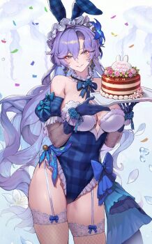 1girl alternate_costume bare_shoulders blue_flower blue_gloves blue_leotard breasts cake cantarella_(wuthering_waves) commentary cowboy_shot deepmaru english_commentary facial_mark flower food gloves hair_between_eyes hair_flower hair_ornament happy_birthday headdress highres large_breasts leotard long_hair looking_at_viewer mark_under_eye mole mole_under_eye parted_lips playboy_bunny purple_hair smile solo thighs very_long_hair wuthering_waves