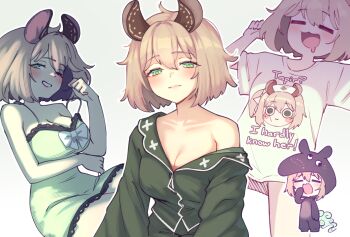 Rule 34 | 1girl, animal ears, breasts, brown hair, chibi, cleavage, commentary, drooling, english commentary, green eyes, green nightgown, green pajamas, half-closed eyes, highres, indie virtual youtuber, messy hair, mouth drool, multi-source commentary, multiple views, nightgown, nimi nightmare, one eye closed, onesie, pajamas, pun, sher (imnotsher), shirt, sleeping, smile, tapir costume, tapir ears, tapir girl, virtual youtuber, yawning
