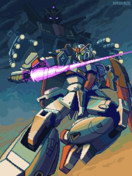 aeug artist_name beam_cannon energy_cannon energy_sword finger_cannon gundam kirokaze mecha mecha_focus mobile_suit no_humans pixel_art psycho_gundam robot scene_reference science_fiction shield signature size_difference sword titans_(gundam) v-fin weapon zeta_gundam zeta_gundam_(mobile_suit)