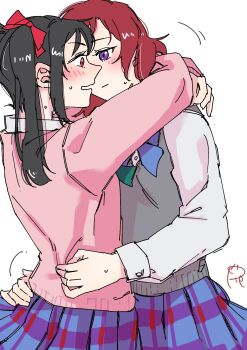 2girls arms_around_neck black_hair blue_skirt bow commentary_request grey_sweater_vest hair_bow hands_on_another&#039;s_waist highres love_live! love_live!_school_idol_project medium_hair multiple_girls nishikino_maki otonokizaka_school_uniform pink_sweater plaid_clothes plaid_skirt pleated_skirt purple_eyes red_bow red_eyes red_hair school_uniform shirt simple_background skirt surfacedxxc sweater sweater_vest twintails white_background white_shirt yazawa_nico yuri