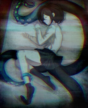 1girl absurdres bandage_on_knee bandaid bandaid_on_leg black_hair black_skirt black_socks closed_eyes closed_mouth commentary_request from_above from_side full_body gauze happa_de_happy highres indie_virtual_youtuber knees_up long_sleeves lying no_jacket no_shoes on_bed on_side pale_skin profile shirt short_hair single_loose_sock skirt sleeping socks solo stitched_neck stitches tentacles vhs_artifacts virtual_youtuber white_shirt yamata_ia