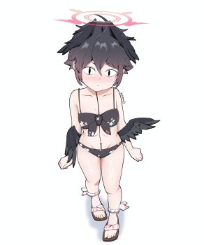 Rule 34 | <|> <|>, 1boy, absurdres, artist name, bikini, black bikini, black eyes, black hair, black wings, blue archive, blush, brandon talks, commentary, crossdressing, crossdressing (mtf), english commentary, expressionless, feathered wings, floral print, floral print bikini, front-tie bikini top, front-tie top, full body, hair between eyes, halo, head wings, highres, kiannuwu, koharu (blue archive), koharu (swimsuit) (blue archive), looking at viewer, low wings, male focus, navel, nose blush, pink halo, print bikini, real life, sandals, short hair, simple background, swimsuit, thighs, toes, white background, wings
