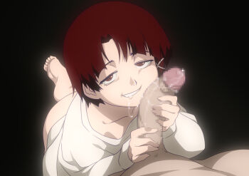 1boy 1girl barefoot black_background brown_eyes brown_hair censored collarbone commentary feet grin hetero iwakura_lain jcm2 kneeling kneeling_female loli long_sleeves looking_at_viewer mosaic_censoring naughty_face penis saliva serial_experiments_lain shirt short_hair simple_background smile soles solo solo_focus toes white_shirt