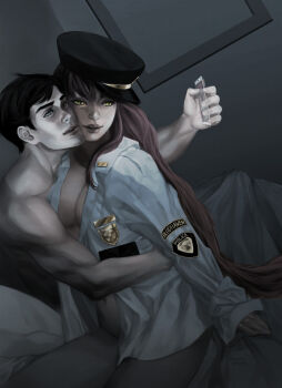 1boy 1girl alien black_hair blue_eyes borrowed_clothes bottomless breasts camera cleavage couple dc_comics dick_grayson green_eyes hat koriand'r long_hair nightwing nude open_clothes open_shirt peaked_cap phone police police_badge police_uniform red_hair robin_(dc) shirt sitting starfire teen_titans