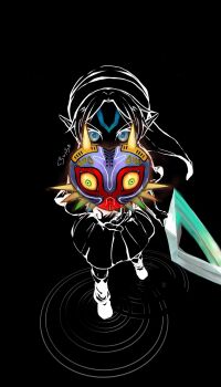 Rule 34 | 1boy, black background, blue eyes, boots, facing viewer, fierce deity, from above, full body, hat, holding, holding sword, holding weapon, kurohetima, link, looking at viewer, mask, nintendo, pointy ears, solo, sword, the legend of zelda, the legend of zelda: majora's mask, tunic, weapon