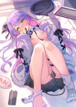 1girl absurdres black_ribbon black_skirt blush breasts cardigan cellphone computer convenient_censoring covering_own_mouth demon_girl demon_tail green_eyes grey_cardigan hair_ornament hair_ribbon hairclip hat highres hololive knees_up laptop long_hair long_sleeves looking_at_viewer lying medium_breasts multicolored_hair nail_polish nipples no_bra no_panties on_back open_cardigan open_clothes panties panties_around_leg phone pink_hair purple_hair rei_(rei's_room) ribbon single_sock skirt small_breasts socks solo tail tail_censor thigh_strap thighs toenail_polish toenails tokoyami_towa two-tone_hair underwear unworn_hat unworn_headwear virtual_youtuber white_panties white_socks x_hair_ornament