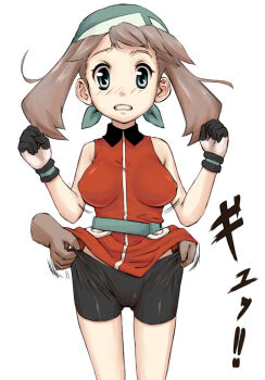 00s 1girl alternate_costume bad_id bad_pixiv_id bandana bare_shoulders bike_shorts brown_hair cameltoe covered_erect_nipples female_focus hat latex may_(pokemon) may_(pokemon_emerald) nintendo nyonn24 pokemon pokemon_rse simple_background solo surprised_arms wedgie white_background