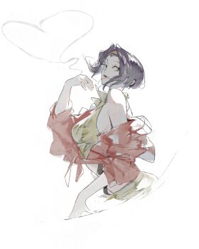 Rule 34 | 1girl, absurdres, black hair, closed mouth, commentary, cowboy bebop, english commentary, faye valentine, hairband, heart, highres, kanji (nievart), profile, red lips, shirt, short hair, simple background, sleeveless, smile, solo, upper body, white background, yellow shirt