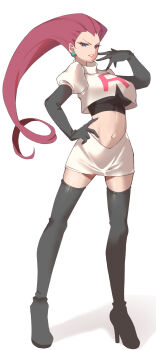 1girl black_gloves black_thighhighs blue_eyes boots breasts commentary_request crop_top earrings elbow_gloves full_body gloves hand_on_own_hip highres jessie_(pokemon) jewelry large_breasts long_hair looking_at_viewer midriff momdy_(talesshinja) navel nintendo parted_lips pokemon pokemon_(anime) red_hair simple_background solo standing stomach thigh_boots thighhighs very_long_hair white_background zettai_ryouiki
