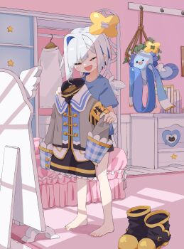 1girl absurdres amane_kanata amane_kanata_(1st_costume) angel barefoot bed boots casual closed_eyes grey_hair halo highres hololive mirror open_mouth scarf shigeo_(shg_kmkr) shirt short_hair shorts smile solo star_halo t-shirt upao_(amane_kanata) virtual_youtuber wings